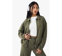 boohoo Women's Dsgn Studio Heavy Weight Interlock Collared Zip Through Sweatshirt in Washed Khaki | Size: Medium