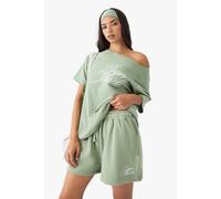 boohoo Women's Dsgn Studio Script Embroidered Sweat Short in Sage | Size: XS