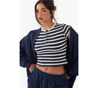 boohoo Women's Dsgn Studio Stripe Button Detail Short Sleeve Top in Navy | Size: 2XL