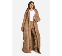 boohoo Women's Embossed Bear Print Fleece Hooded Long Dressing Gown in Brown | Size: Small