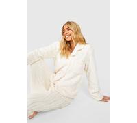 boohoo Women's Embossed Zebra Print Fleece Long Sleeve Shirt & Trousers Lounge Set in Cream | Size: 16