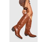 boohoo Women's Embroidered Knee High Western Cowboy Boots in Tan | Size: 4