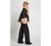 boohoo Women's Faux Fur Trim Faux Leather Jacket in Black | Size: 12