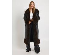 boohoo Women's Faux Fur Trim Faux Leather Maxi Coat in Black | Size: 10