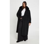 boohoo Women's Faux Fur Trim Oversized Double Breasted Wool Look Coat in Black | Size: 12