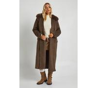boohoo Women's Faux Fur Trim Oversized Double Breasted Wool Look Coat in Mushroom | Size: 14