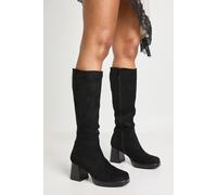 boohoo Women's Faux Suede Chunky Block Heel Knee High Boots in Black | Size: 7