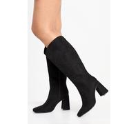 boohoo Women's Faux Suede Flared Heel Knee High Boots in Black | Size: 8