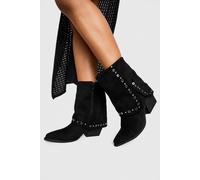 boohoo Women's Faux Suede Fold Over Calf High Studded Western Boots in Black | Size: 3