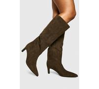 boohoo Women's Faux Suede Knee High Column Stiletto Mid Boots in Olive | Size: 5