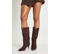 boohoo Women's Faux Suede Low Stiletto Calf High Column Boots in Chocolate | Size: 6