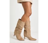 boohoo Women's Faux Suede Low Stiletto Calf High Column Boots in Taupe | Size: 6