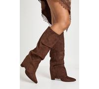 boohoo Women's Faux Suede Slouchy Knee High Fold Over Boots in Chocolate | Size: 7