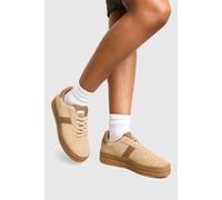 boohoo Women's Faux Suede Stripe Gum Sole Trainers Shoe in Taupe | Size: 4