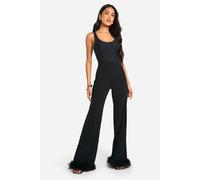 boohoo Women's Feather Hem High Waisted Slim Fit Trousers in Black | Size: 16