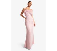 boohoo Women's Feather Trim Satin Maxi Slip Dress in Baby Pink | Size: 12