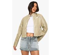 boohoo Women's Fitted Moto Vintage Look Faux Leather Jacket in Washed Khaki | Size: 14