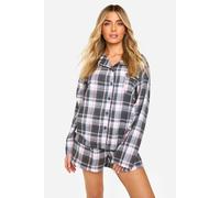 boohoo Women's Flannel Check Long Sleeve Shirt & Shorts Pyjama Set in Black | Size: 8