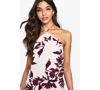 boohoo Women's Floral Basic Halterneck Woven Crop Top in Purple | Size: 6