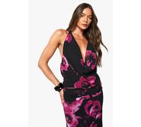 boohoo Women's Floral Chiffon Cowl Neck Halter Top in Black | Size: 8