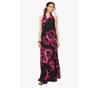 boohoo Women's Floral Chiffon Halter Neck Cowl Maxi Dress in Black | Size: 16