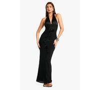 boohoo Women's Floral Hand Embellished Halterneck Mesh Maxi Dress in Black | Size: 16