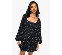 boohoo Women's Floral Milkmaid Godet Hem Long Sleeve Mini Dress in Black | Size: 14