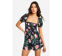 boohoo Women's Floral Milkmaid Puff Playsuit in Black | Size: 12