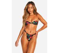 boohoo Women's Floral Print Knot Front Bandeau Bikini Top & Tanga Bikini Bottoms Set in Black | Size: 6