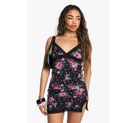 boohoo Women's Floral Printed Mesh Lace Trim Split Mini Skirt in Black | Size: 14