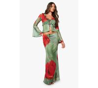 boohoo Women's Floral Printed Mesh Low Rise Maxi Skirt in Olive | Size: 8