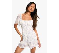 boohoo Women's Floral Printed Milkmaid Godet Hem Playsuit in Ivory | Size: 12