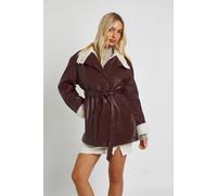 boohoo Women's Funnel Neck Belted Borg Lined Aviator in Burgundy | Size: 12