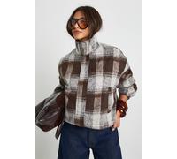 boohoo Women's Funnel Neck Check Wool Look Bomber Jacket in Brown | Size: 10