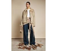 boohoo Women's Fur Detail Suede Collared Aviator Jacket in Beige | Size: 10