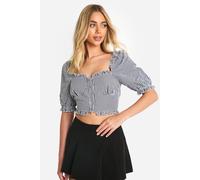 boohoo Women's Gingham Frill Hem Puff Sleeve Crop Top in Black | Size: Medium