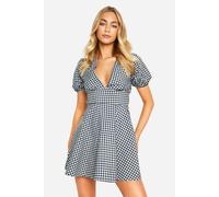 boohoo Women's Gingham Puff Sleeve Smock Dress in Black | Size: 8