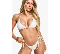 boohoo Women's Gingham Seersucker Pearl Trim Triangle Bikini Top & Tie Side Bikini Bottoms Set in Beige | Size: 16