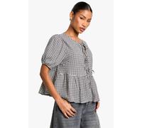 boohoo Women's Gingham Tie Front Puff Sleeve Smock Top in Black | Size: 8
