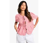 boohoo Women's Gingham Tie Front Puff Sleeve Smock Top in Red | Size: 10