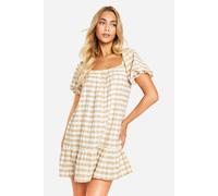 boohoo Women's Gingham Tiered Smock Dress in Stone | Size: 10