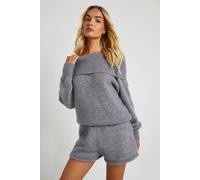 boohoo Women's Glitter Knitted Bardot Top & Short Co-Ord in Silver | Size: Large