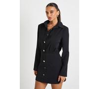 boohoo Women's Gold Button Tailored Shirt Mini Dress in Black | Size: 8