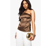 boohoo Women's Gold Trim Satin Halter Top in Chocolate | Size: 12
