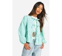 boohoo Women's Green Stripe Tie Front Puff Long Sleeve Smock Top | Size: 8