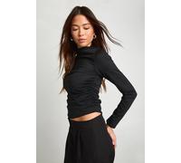 boohoo Women's Grown On Neck Ruched Side Long Sleeve Top in Black | Size: 14