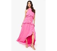 boohoo Women's Halterneck Chiffon Ruffle Detail Maxi Dress in Hot Pink | Size: 14