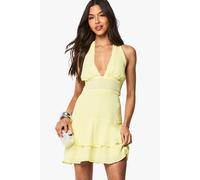 boohoo Women's Halterneck Chiffon Skater Mini Dress in Lemon | Size: 16