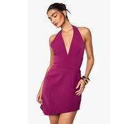 boohoo Women's Halterneck Tailored Asymmetric Mini Dress in Magenta | Size: 18