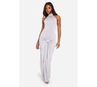boohoo Women's Halterneck Tie Front Slinky Maxi Dress in Silver | Size: 18